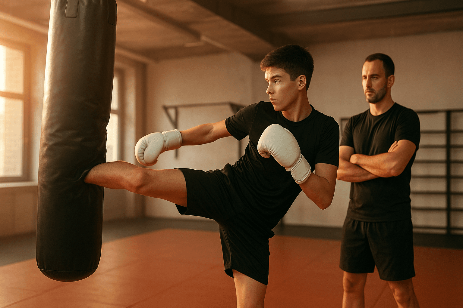 Adolescent practicând un high kick pe sac de box în sala modernă de arte marțiale, lumină caldă.