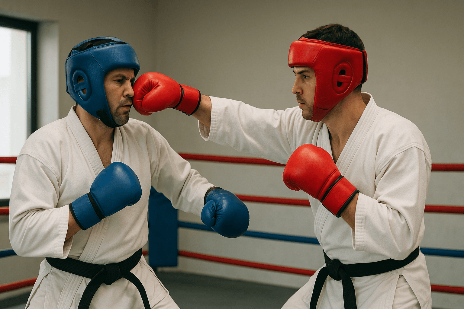 Doi sportivi români de MMA antrenându-se intens în ring, unul atacând, celălalt apărându-se.