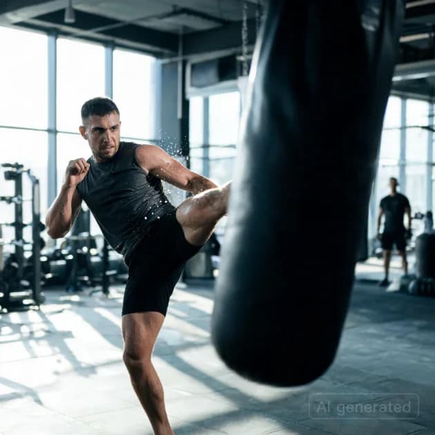 Luptător MMA român în antrenament, lovitură înaltă cu piciorul pe sac, concentrare intensă, transpirație vizibilă.